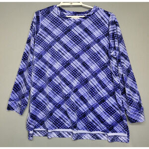 Denim & Co Shirt Womens 1X Blue Purple Plaid Tunic Long Sleeve Stretch Pockets